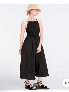 J.Crew Smocked Black Midi “Friday” Dress in Cotton Poplin Size L